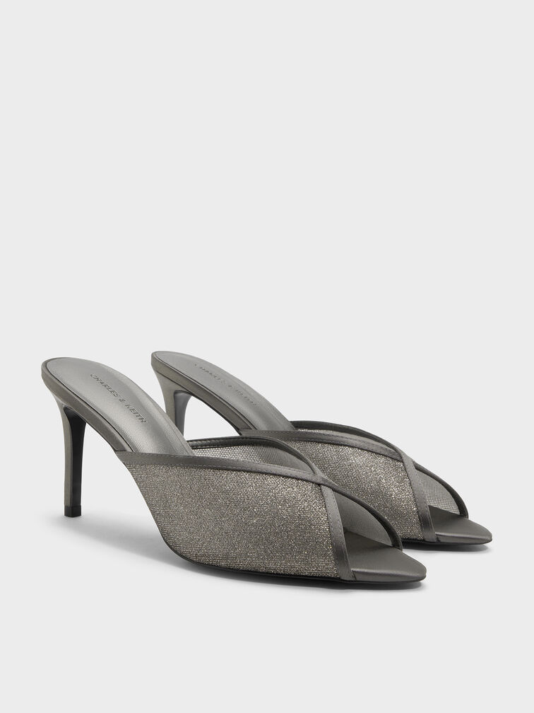 Glittered Mesh Peep-Toe Heeled Mules, Grey, hi-res