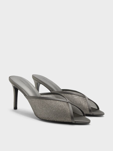 Glittered Mesh Peep-Toe Heeled Mules, Grey, hi-res