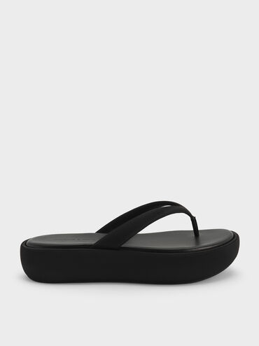 Sandal Flatform Thong Satin, Black Textured, hi-res