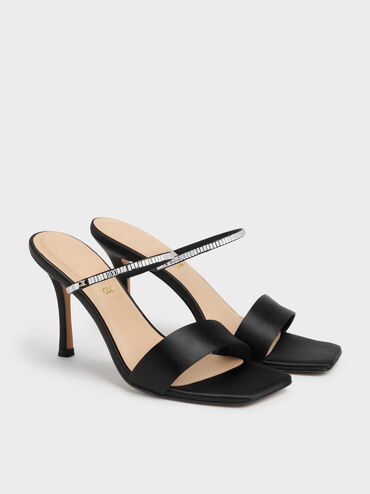 Sepatu Mules Heeled Gem, Black Textured, hi-res