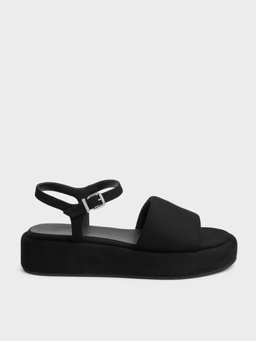Sandal Flatform Ankle-Strap Faux Suede, Black Textured, hi-res