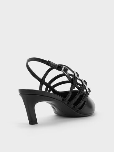 Sepatu Slingback Pumps Pointed-Toe Kitten-Heel Triple-Strap Patent, Black Patent, hi-res