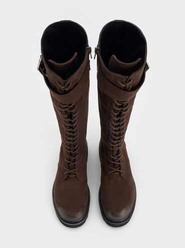 Sepatu Knee-High Boots Buckle-Strap Lace-Up Darian Faux Suede, Dark Brown Textured, hi-res