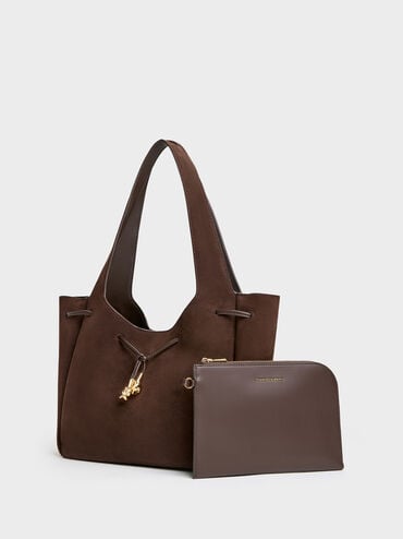 Mila Recycled Suede Metallic-Knot Drawstring Tote Bag, Espresso Brown, hi-res