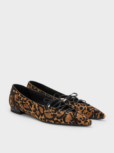 Sepatu Flats Lace-Tie Leopard-Print Jianna Calf Hair, Animal Print Brown, hi-res