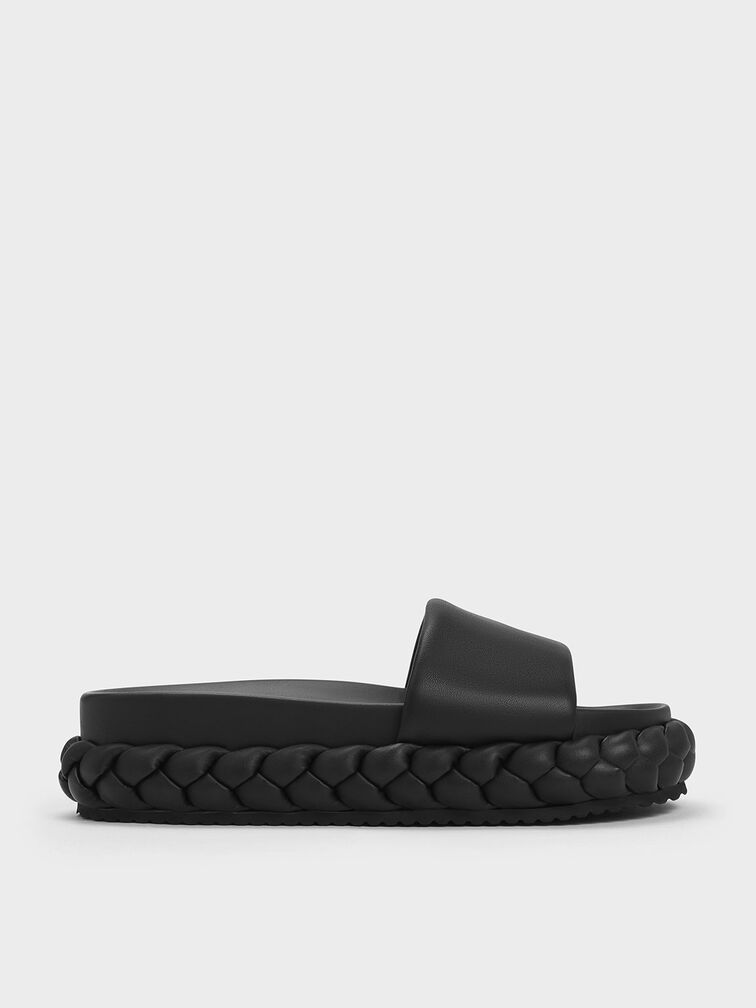 Sandal Slides Tali Leather Braided, Black, hi-res