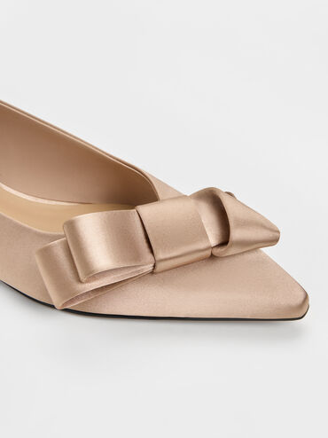 Sepatu Flats Ballet Pointed Pleated-Bow, Nude, hi-res