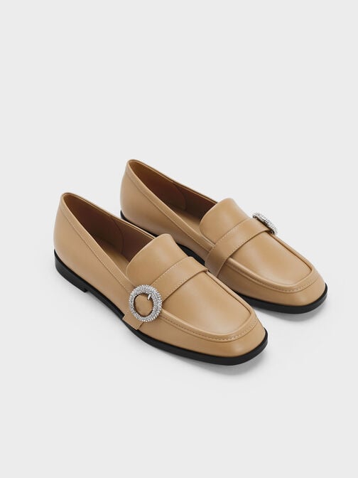 Sepatu Loafers Crystal-Embellished Buckle, Camel, hi-res