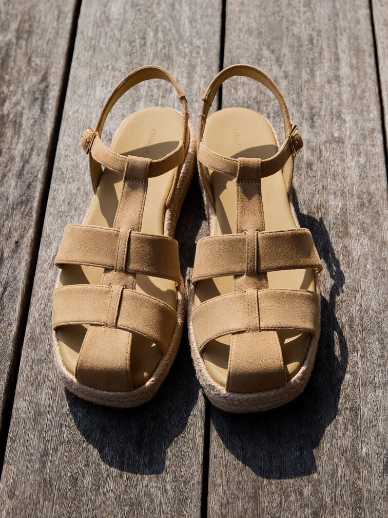 Sandal Espadrille Flatform Cafed Faux Suede, Sand, hi-res