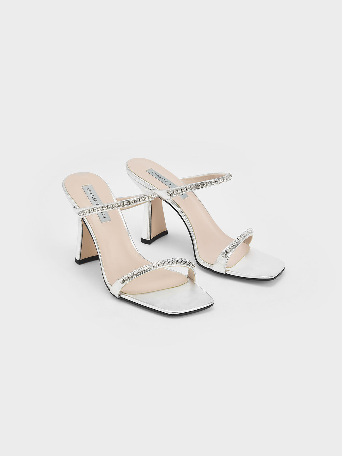 Metallic Gem-Encrusted Heeled Sandals, Silver, hi-res
