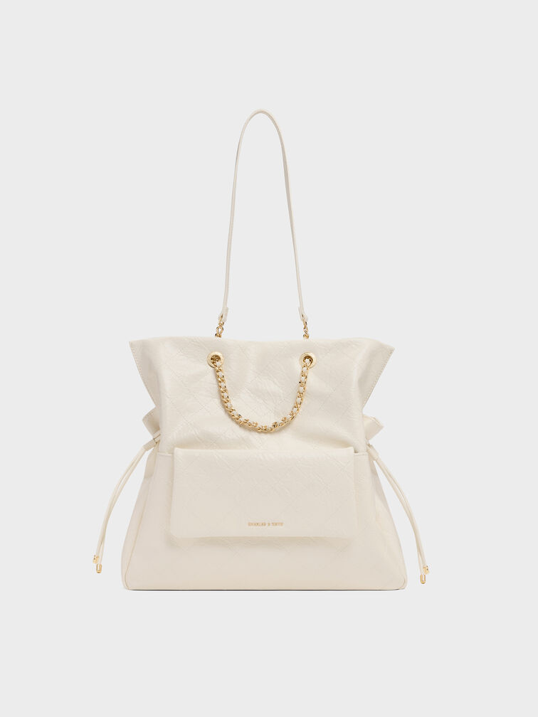 Tas Ransel Two-Way Drawstring Braided-Strap Quilted Duo, Cream, hi-res