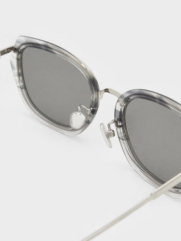 Kacamata Geometric-Frame Metallic Rim, Grey, hi-res