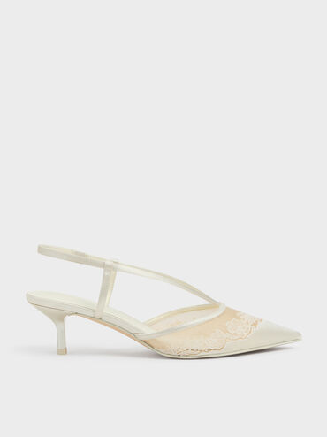 Sepatu Kitten Heels Slingback Embroidered-Satin, White, hi-res