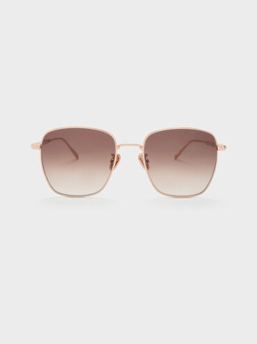 Delta Metallic-Rim Square Sunglasses, Rose Gold, hi-res
