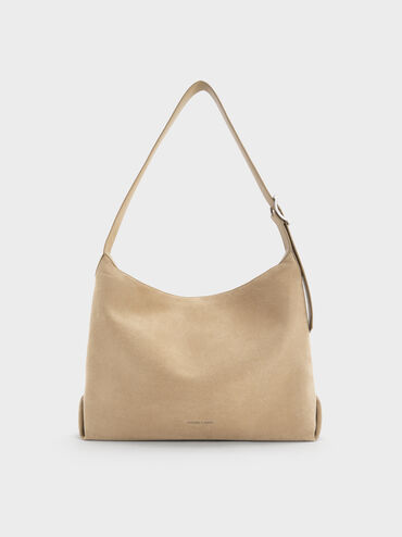 Larsen Recycled Suede Buckle-Strap Hobo Bag, Nutmeg Beige, hi-res