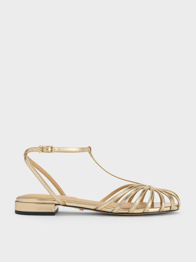 Sandal Caged Leather Metallic Jaylene, Gold, hi-res
