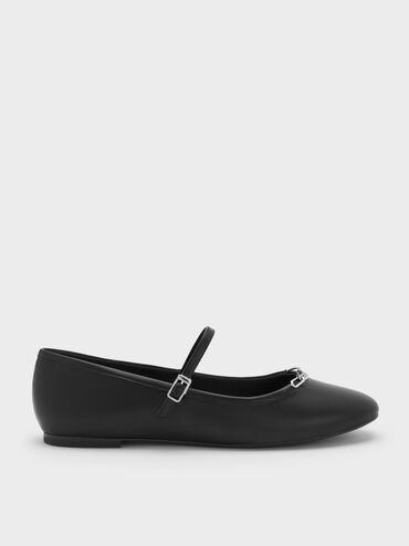 Sepatu Mary Jane Shila Flats Chain, Black, hi-res