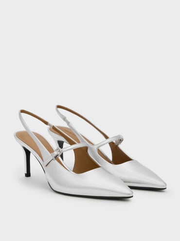 Metallic Pointed Slingback Mary Jane Pumps, Silver, hi-res
