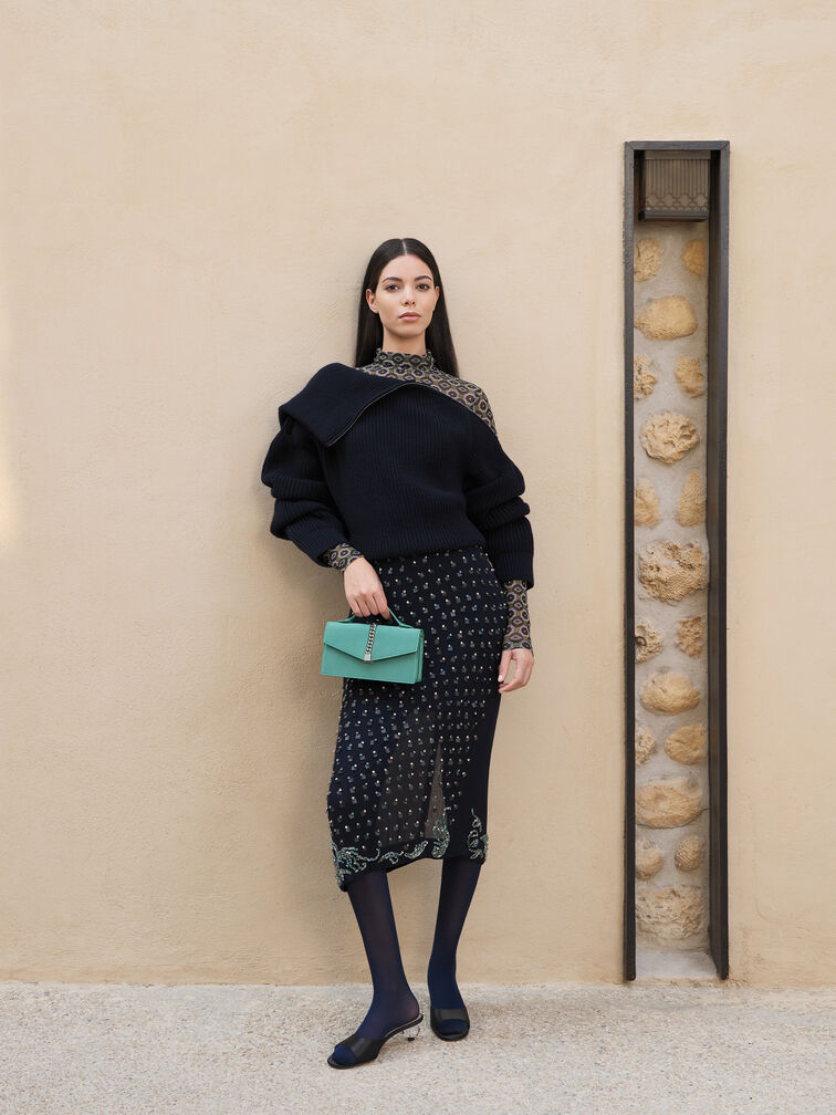 Taisia Satin Chain-Strap Envelope Bag, Teal, hi-res