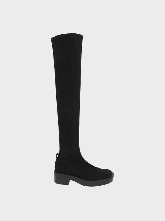 Sepatu Boots Block Heel Textured Thigh-High, Black Textured, hi-res