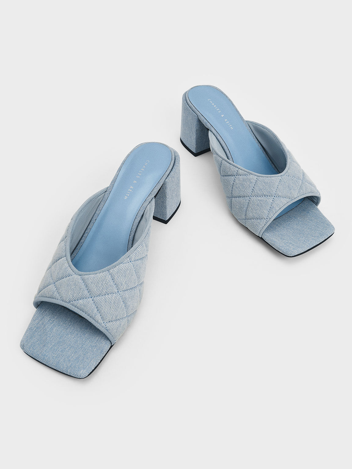 Sepatu Mules Square Toe Quilted Denim, Light Blue, hi-res