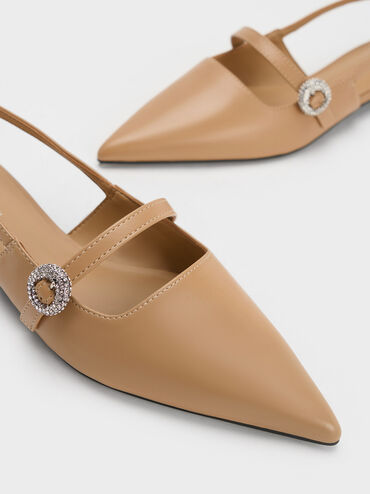 Sepatu Slingback Flats Crystal-Embellished, Camel, hi-res