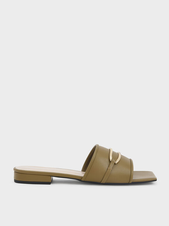 Sandal Slide Metallic Accent Square-Toe, Olive, hi-res