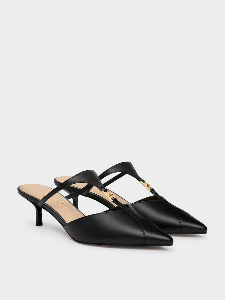 Leather T-Bar Pointed Kitten Heels, Black, hi-res