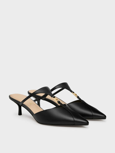 Leather T-Bar Pointed Kitten Heels, Black, hi-res