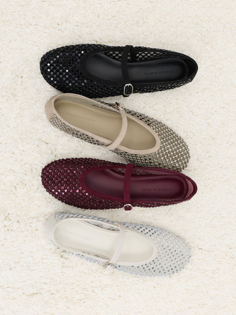 Maggie Mesh Crystal Mary Janes, Taupe, hi-res