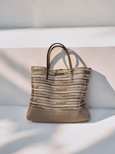 Tas Tote Knitted Multi-Stripe Ida XL, Multi Brown, hi-res