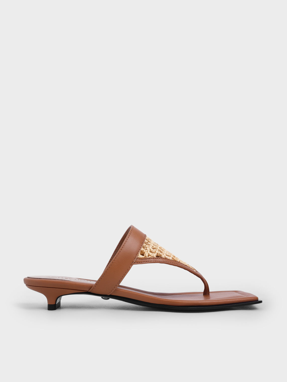 Sandal Thong Leather & Raffia Kitten Heel, Brown, hi-res