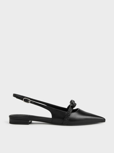 Sepatu Flats Slingback Woven-Bow Kaleen, Black, hi-res