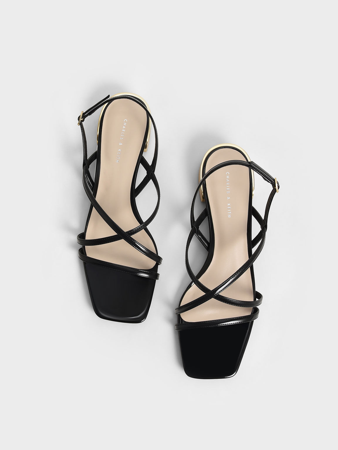 Patent Strappy Slingback Sandals, Black, hi-res