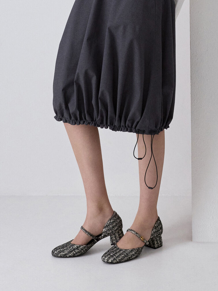 Sepatu Pumps D'Orsay Mary Jane Tweed, Black Textured, hi-res