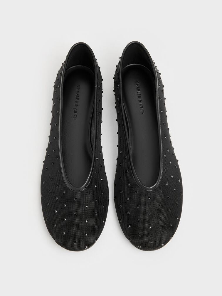 Sepatu Flats Ballet Crystal Mesh, Black Textured, hi-res