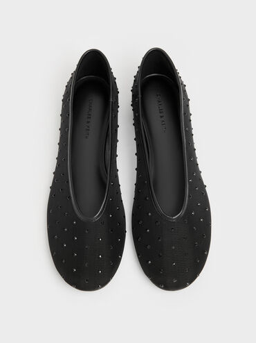 Sepatu Flats Ballet Crystal Mesh, Black Textured, hi-res