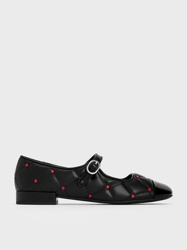 Sepatu Mary Janes Heart-Print Dahlia, Black, hi-res
