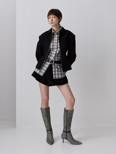 Tweed Pointed Heeled Knee-High Boots, Black Textured, hi-res