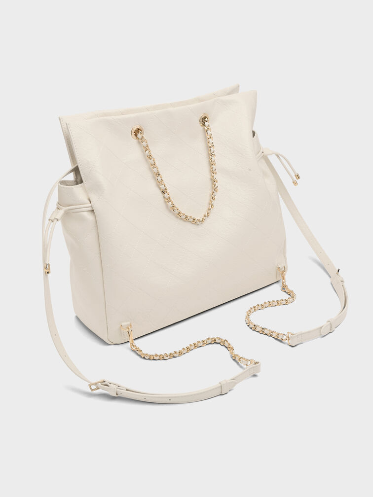 Tas Ransel Two-Way Drawstring Braided-Strap Quilted Duo, Cream, hi-res