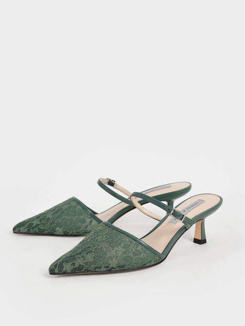 Lace & Mesh Embellished-Buckle Mules, Green, hi-res
