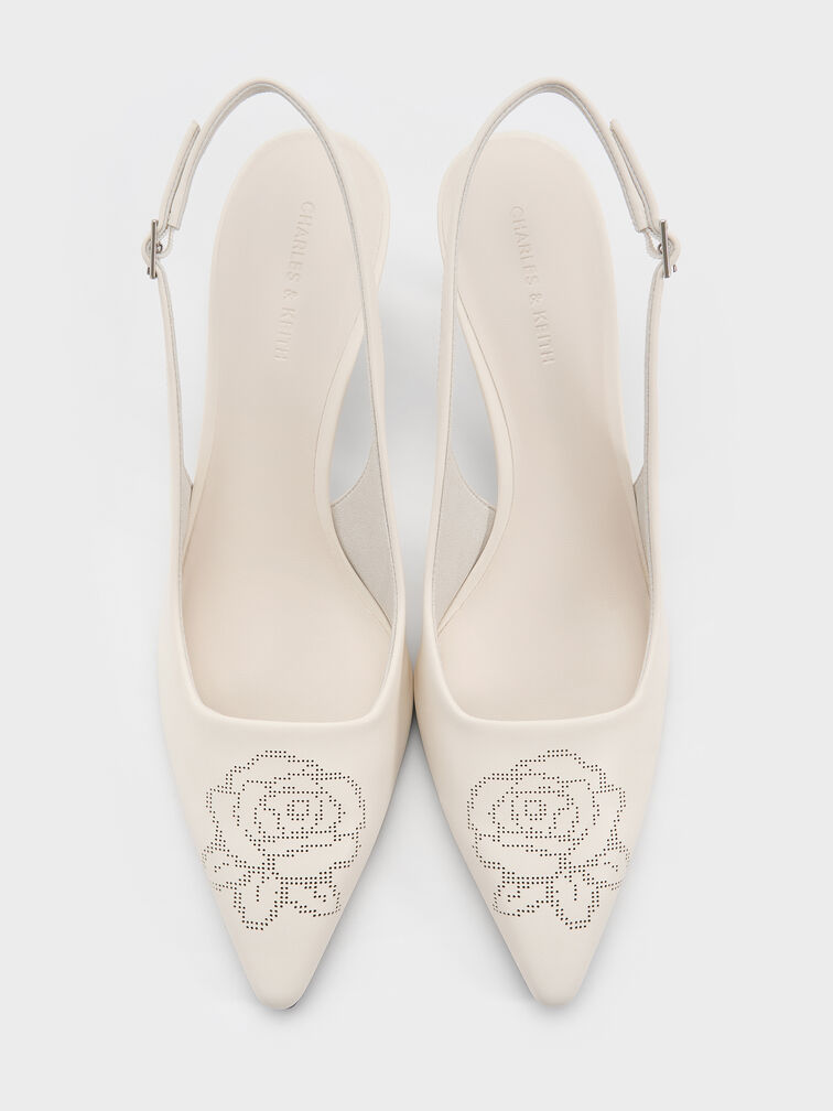 Perforated Rose Pointed-Toe Kitten-Heel Slingback Pumps, Chalk, hi-res
