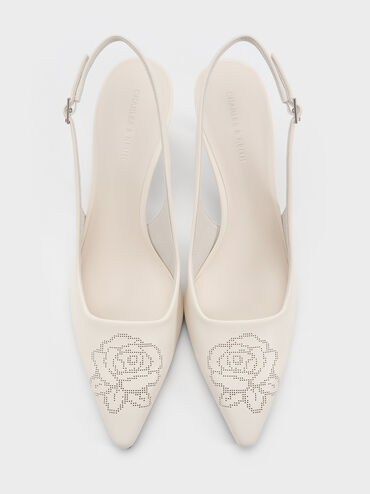 Perforated Rose Pointed-Toe Kitten-Heel Slingback Pumps, Chalk, hi-res
