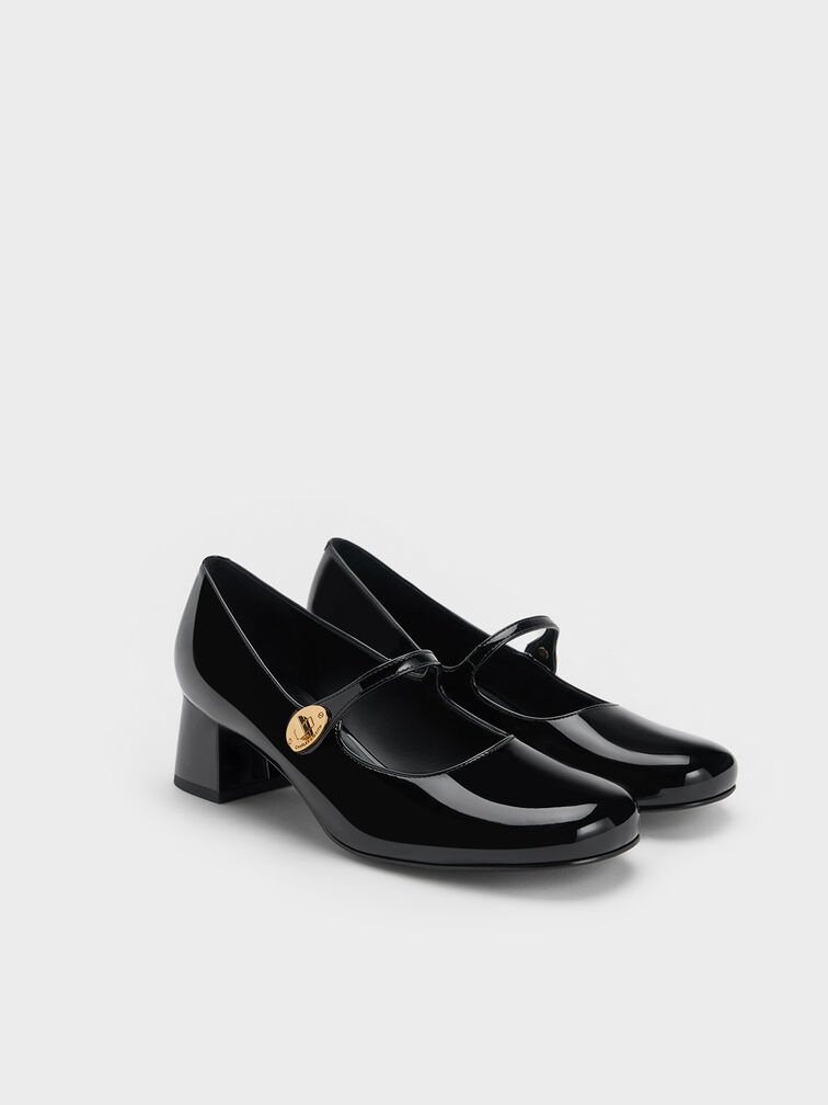 Sepatu Mary Janes Patent Metallic-Buckle Block-Heel, Black Patent, hi-res