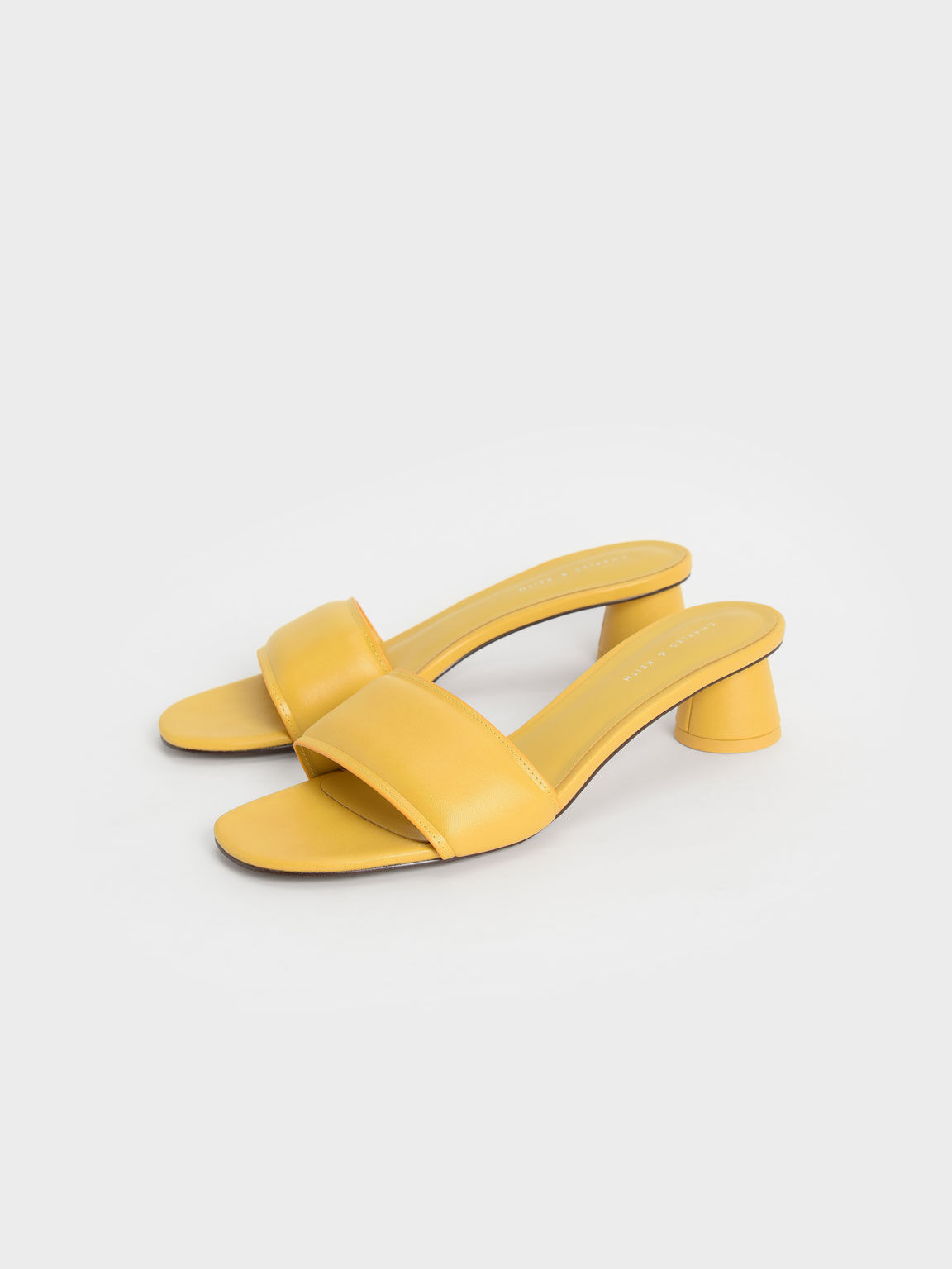 Puffy Cylindrical Heel Mules, Mustard, hi-res