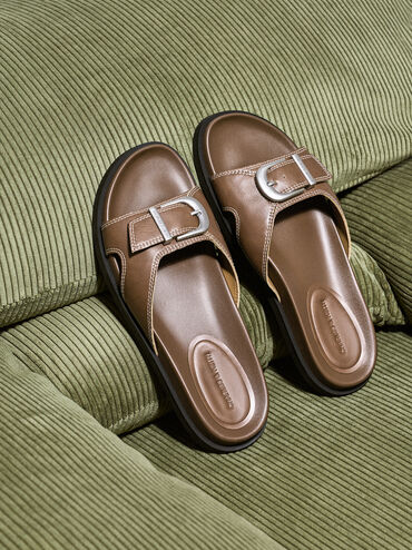 Sendal Selop Buckled Stitch-Trim, Cognac, hi-res