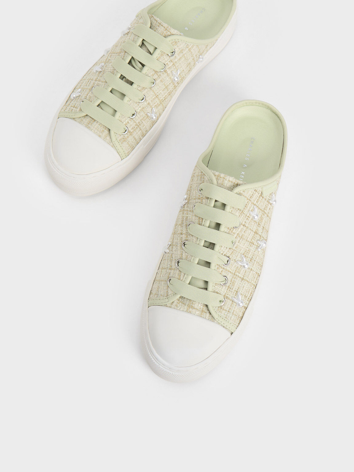 Sepatu Sneakers Slip-On Bunny Tweed, Green, hi-res