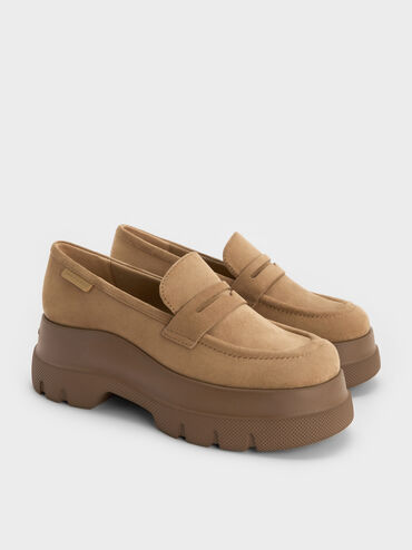Leoi Faux Suede Platform Penny Loafers, Camel, hi-res