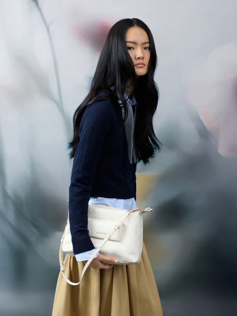 Duo Quilted Front-Pocket Hobo Bag, Cream, hi-res