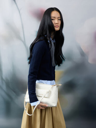 Duo Quilted Front-Pocket Hobo Bag, Cream, hi-res